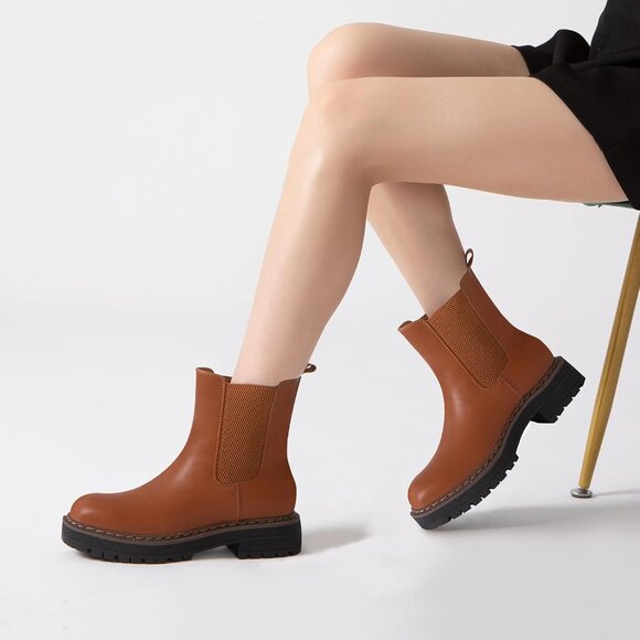 Athlefit Women Brown Chelsea Wedge Platform Slip on Lug Sole Elastic Ankle Boot - Picture 6 of 6